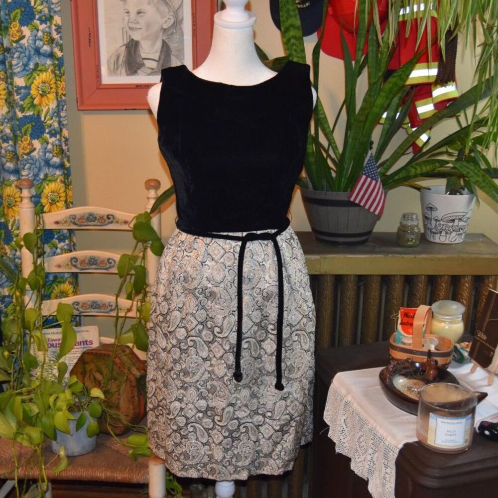 Vintage 1960s Cocktail Dress Black Velvet Silver Brocade Skirt Size XS